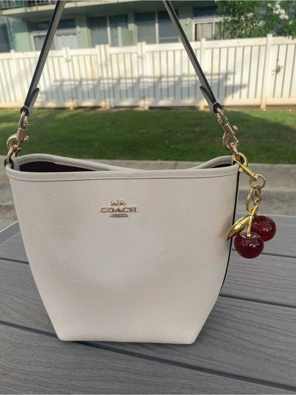 Coach Cream Pebbled Leather Shoulder Bucket Bag
